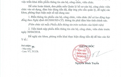 Công văn số 152/BVSN v/v triển khai điền Phiếu thông tin cán bộ , công chức, viên chức .